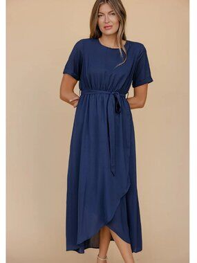 Roolee Taylor Jane Wrap Maxi Dress Size XL Navy Blue Tulip Hem Short Sleeve